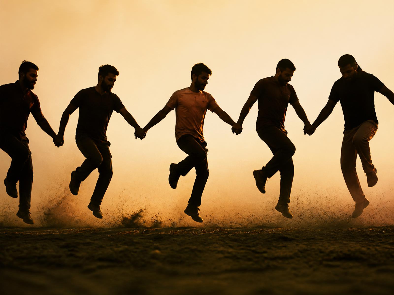 Dabke line dancers in motion at golden hour